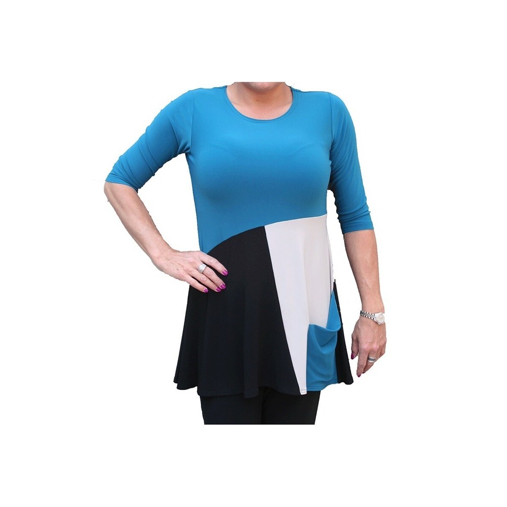Sympli Top Blue 3/4 Sleeve Matrix Pocket Asymmetric Stretch Tunic Shirt Size 14